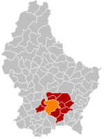 Luxemburgin kunnan sijainti (oranssi) Luxemburgissa ja Luxemburgin kantonissa (punainen).