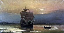 A painting depicting a ship partly encrusted in snow and ice at anchor in a calm harbor. A small boat full of men is moving away from the ship.