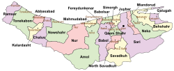 Location of Abbasabad County in Mazandaran province (left, pink)