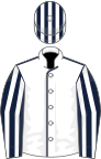 White, dark blue seams, dark blue and white striped sleeves and cap