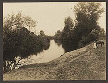 A sepia-toned photograph showing a woman and a horse standing on a ridge near the shore of a river, surrounded by trees