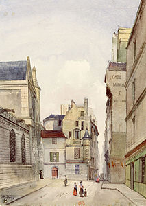 La rue des Prêtres-Saint-Germain-l’Auxerrois en 1849. À gauche, le presbytère de l'église Saint-Germain-l'Auxerrois. À droite, le Momus.