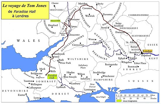 Carte du sud-est de l'Angleterre avec itinéraire de Tom visualisé