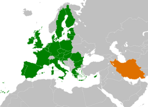 Mapa indicando localização do Irã e da União Europeia.