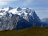 Die Wetterhörner von den Planplatten aus gesehen. V. l. n. r. Rosenhorn, Mittelhorn und Wetterhorn. Rechts des Wetterhorns, durch das markante Couloir abgetrennt, das Scheideggwetterhorn.