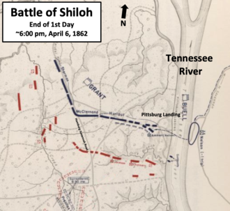 map showing Grant's Last Line at the end of the day with Confederate forces nearby. Line extends from Pittsburg Landing west to Hamburg-Savannah Road, where it turns north (right)