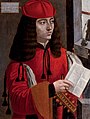 Portrait of a 15th-century Cardinal holding instrument and note.