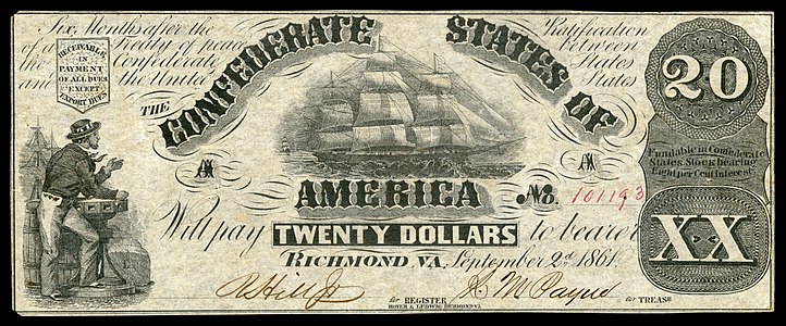 Twenty Confederate States dollar (T18), by Hoyer & Ludwig