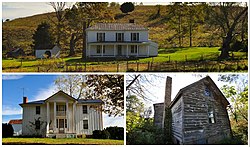 National Register of Historic Places located near Childress, Virginia. Top: Bowyer-Trollinger Farm; Bottom L-R: Thomas Hall House and Cromer House.