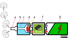 a. embout buccal, b. réservoir à liquide de vapotage, c. liquide de vapotage, d. chambre de vaporisation, e. résistance ou atomiseur, f. module électronique de puissance, g. accumulateur. L'atomiseur et le réservoir sont souvent constitués d'un seul ensemble. L'atomiseur se fixe sur la batterie (vissage) et l'embout buccal est au sommet de l'atomiseur (avec la possibilité, selon les modèles, d'utiliser des embouts personnalisés ou de forme différente).