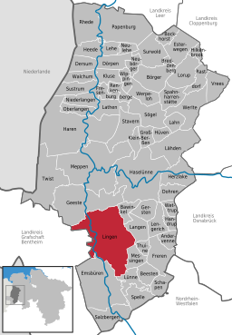 Läget för staden Lingen (Ems) i Landkreis Emsland