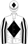 White, black diamond, black and white striped sleeves, white cap, black diamond