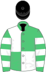 Emerald green and white (quartered), hooped sleeves, black cap