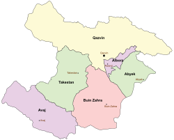Location of Avaj County in Qazvin province (left, purple)