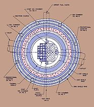 Sketch of the reactor shield, pressure vessel, core and instruments