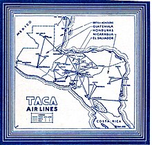 A map depicting routes operated by TACA International Airlines in 1940 in Central America