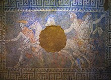 A mosaic of the Kasta Tomb in Amphipolis depicting the abduction of Persephone by Pluto, 4th century BC