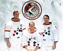 Three astronauts in space suits without helmets