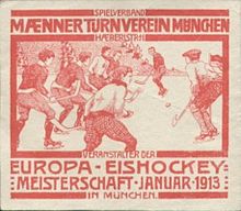 A poster in German, printed red on white, depicting an ice hockey game and advertising for the championship held in Munich in January 1913.