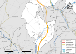 Carte en couleur présentant le réseau hydrographique de la commune