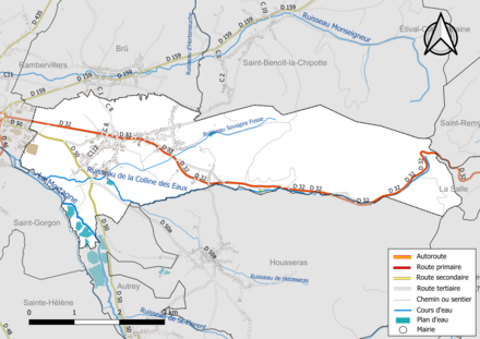 Carte en couleur présentant le réseau hydrographique de la commune