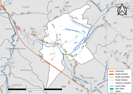 Carte en couleur présentant le réseau hydrographique de la commune