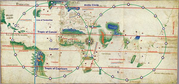 Esquema de construcción de las líneas de rumbo con doble hexadecágono en el planisferio de Cantino