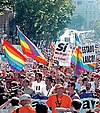 A crowd of people, some waving rainbow flags or holding placards