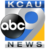 A silvery 9 in a box split between silvery, blue, and yellow pieces, with the ABC logo on top. In a blue box above, the lettering KCAU, and in a silver box below, the word NEWS.