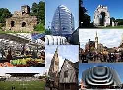 時計回りに左上から、Jewry Wall, National Space Centre, Leicester War Memorial, Central Leicester, Curve theatre, Leicester Cathedral及びGuildhall, Welford Road Stadium並びにLeicester Market.