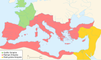 A map of the Gallic Empire in 271 AD, showing the core territory of the Gallic Empire, composed of Gaul and Britannia, the Palmyrene Empire, composed of Egypt and the Levant, and the Roman Empire, composed of the territories between, bordered on the north by the Danube, and Hispania, unconnected by land