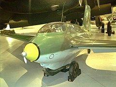 A rocket propelled Messerschmitt Me 163B Komet with its nose-mount ram-air turbine as its only source of electrical power