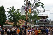 A Panjat Pinang game taking place at a neighborhood on independence day