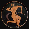 Late sixth-century BC red-figure plate of an ithyphallic satyr