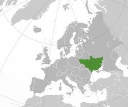 The Ukrainian People's Republic (green) in 1918 superimposed on modern borders