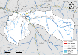 Carte en couleur présentant le réseau hydrographique de la commune