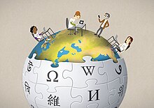 Sphère à moitié composée du logo Wikipédia et l'autre moitié représente la terre sur laquelle figure des internautes en train de contribuer à Wikipédia.