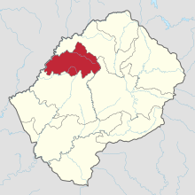 An outline map of Lesotho, with Berea District highlighted in the northeastern corner