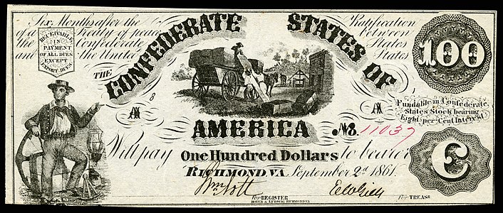 One-hundred Confederate States dollar (T13), by Hoyer & Ludwig