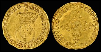 One gold écu (1641) struck during the reign of Louis XIII of France