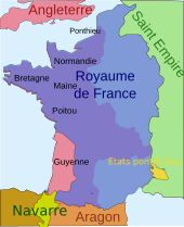 A map of French territory as it was in 1340, showing the enclave of Gascony in the southwest