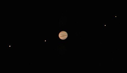 Jupiter and all of the Galilean moons as seen through a 25 cm (10 in) amateur telescope (Meade LX200).