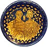 Gold glass bottom, with 4th century married couple, inscribed "PIE ZESES"