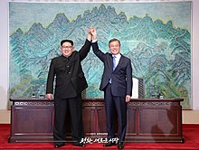 Kim and Moon raise clasped hands