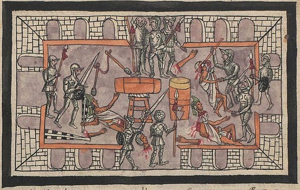 Tlacuilo (probablemente mexica) ilustra favorablemente a los conquistadores, exagerando sus armaduras, la matanza de Tóxcatl. Códice Durán siglo XVI.