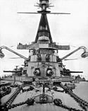 The superstructure, bow guns, and wing turrets of Minas Geraes