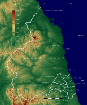 Carte topographique du Northumberland avec les monts Cheviot au nord-ouest.