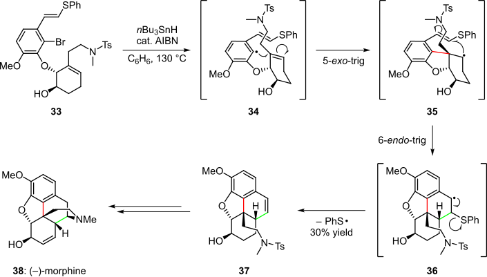 Scheme 7. Cascade radical cyclization in the synthesis of (–)-morphine