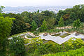 四国村ギャラリーから望む水景庭園と高松市街