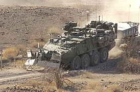 An M1132 engineer squad vehicle (ESV) issued to combat engineer squads in the US Army Stryker brigade combat teams